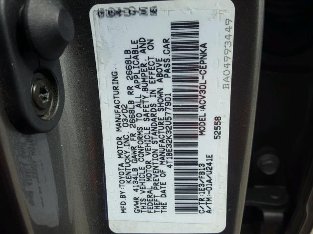 4T1BE32K32U577901 - 2002 TOYOTA CAMRY LE GRAY photo 8