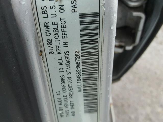 WAULT64B62N087280 - 2002 AUDI A6 3.0 QUA SILVER photo 10