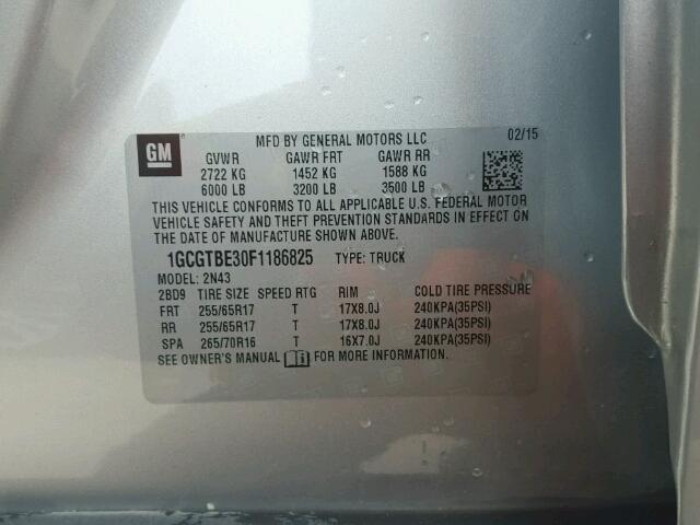 1GCGTBE30F1186825 - 2015 CHEVROLET COLORADO L SILVER photo 10