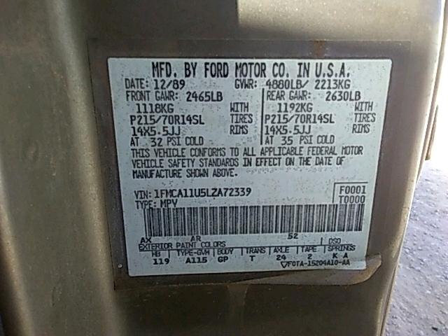 1FMCA11U5LZA72339 - 1990 FORD AEROSTAR BEIGE photo 10