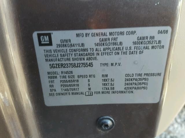 5GZER23758J275545 - 2008 SATURN OUTLOOK XR ყავისფერი ფოტო 10