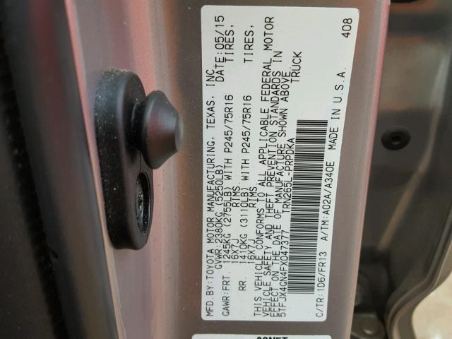 5TFJX4GN4FX047377 - 2015 TOYOTA TACOMA DOU SILVER photo 10