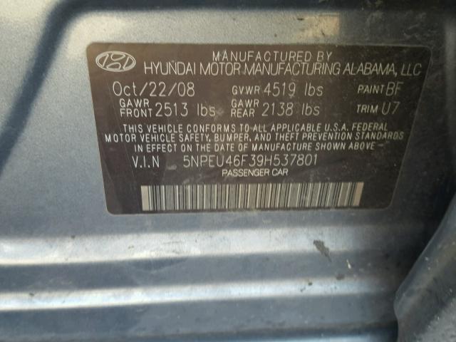 5NPEU46F39H537801 - 2009 HYUNDAI SONATA SE GRAY photo 10