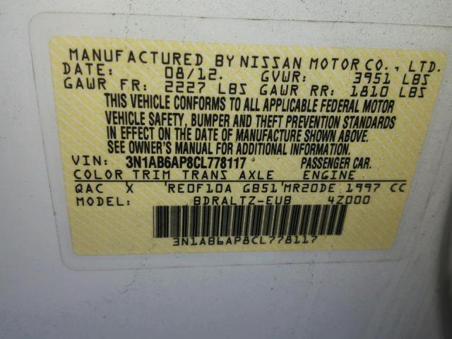 3N1AB6AP8CL778117 - 2012 NISSAN SENTRA 2.0 WHITE photo 10