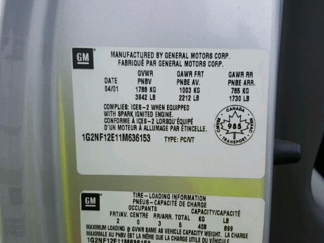 1G2NF12E11M636153 - 2001 PONTIAC GRAND AM S ვერცხლისფერი ფოტო 10