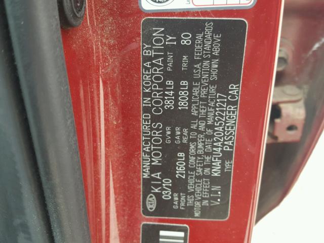 KNAFU4A20A5221217 - 2010 KIA FORTE EX RED photo 10