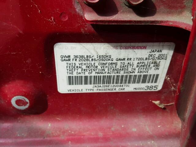 JA3AJ26E12U044731 - 2002 MITSUBISHI LANCER ES RED photo 10