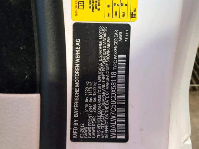 WBALW7C50CDX58118 - 2012 BMW 640 I WHITE photo 10