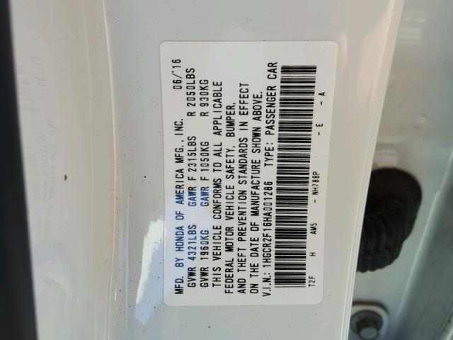 1HGCR2F16HA001286 - 2017 HONDA ACCORD SPO WHITE photo 10