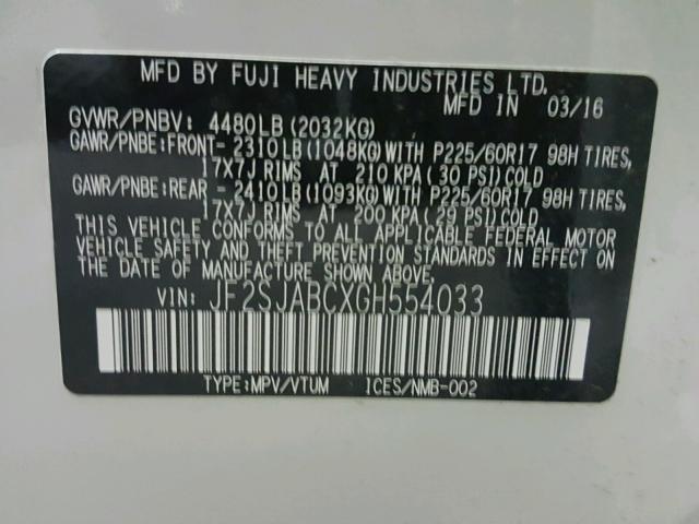 JF2SJABCXGH554033 - 2016 SUBARU FORESTER 2 WHITE photo 10