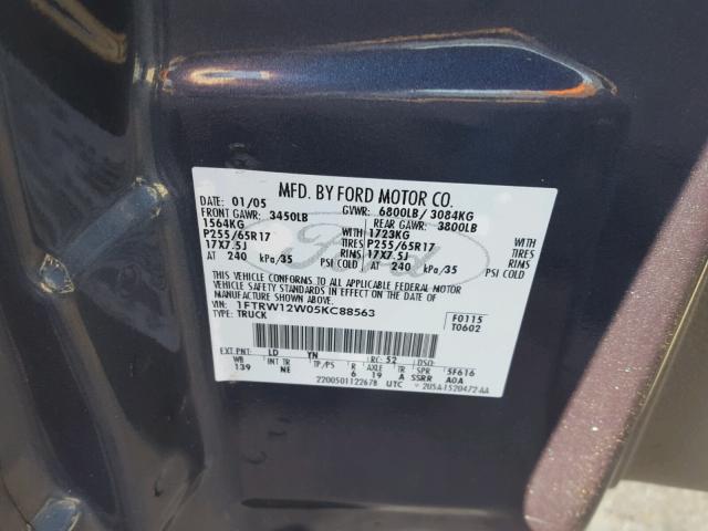 1FTRW12W05KC88563 - 2005 FORD F150 SUPER BLUE photo 10