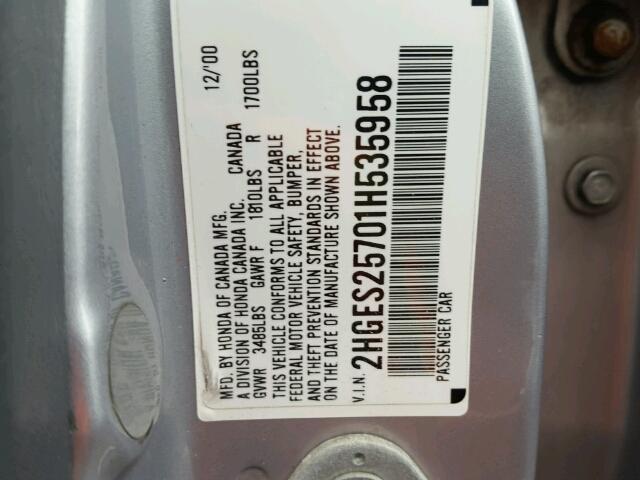 2HGES25701H535958 - 2001 HONDA CIVIC EX SILVER photo 10