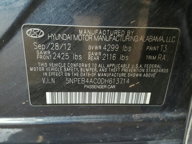 5NPEB4AC0DH613714 - 2013 HYUNDAI SONATA GLS BLACK photo 10