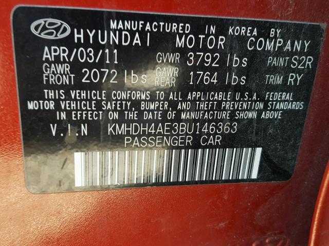 KMHDH4AE3BU146363 - 2011 HYUNDAI ELANTRA GL BURGUNDY photo 10