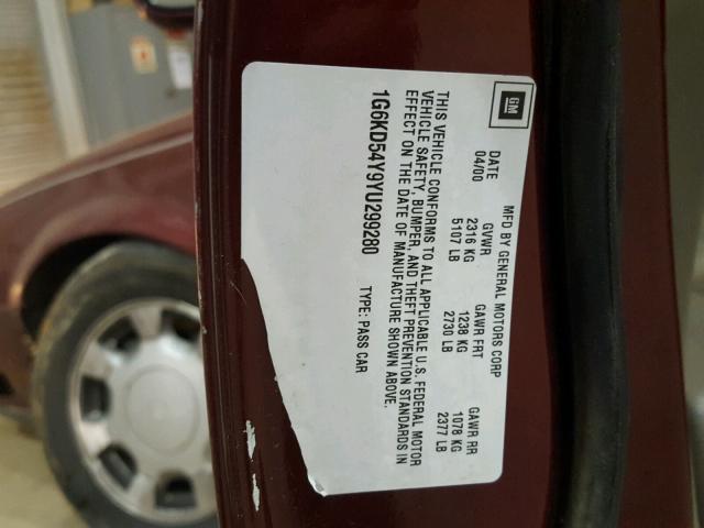 1G6KD54Y9YU299280 - 2000 CADILLAC DEVILLE MAROON photo 10