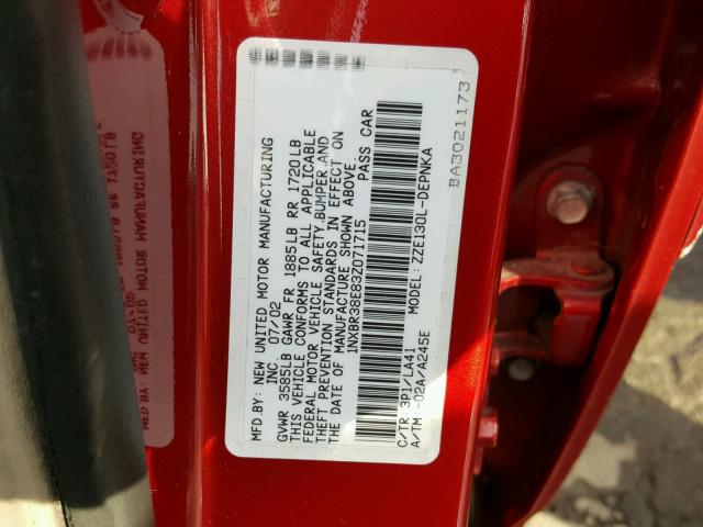 1NXBR38E83Z071715 - 2003 TOYOTA COROLLA CE RED photo 10