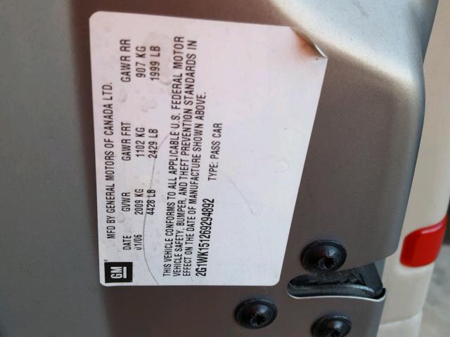 2G1WK151269294892 - 2006 CHEVROLET MONTE CARL თაფლისფერი ფოტო 10