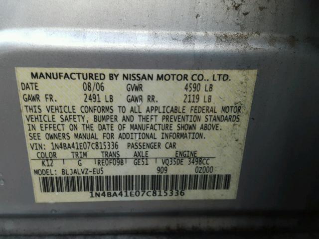 1N4BA41E07C815336 - 2007 NISSAN MAXIMA SE SILVER photo 10