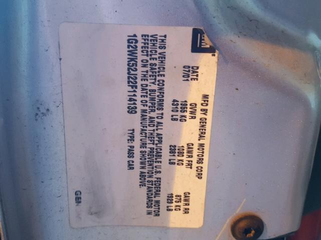 1G2WK52J22F114139 - 2002 PONTIAC GRAND PRIX SILVER photo 10