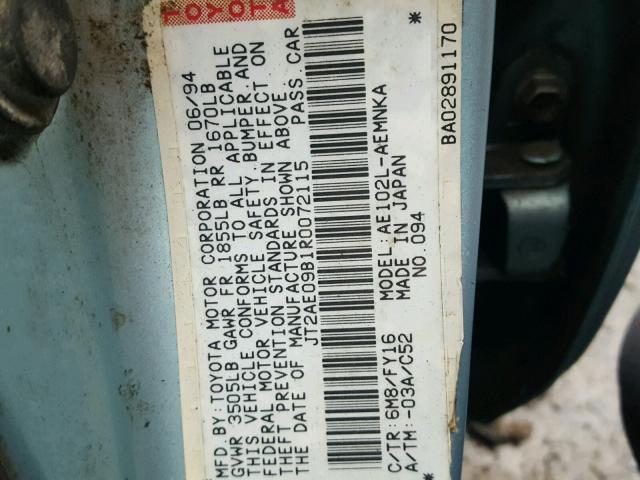 JT2AE09B1R0072115 - 1994 TOYOTA COROLLA LE BLUE photo 10