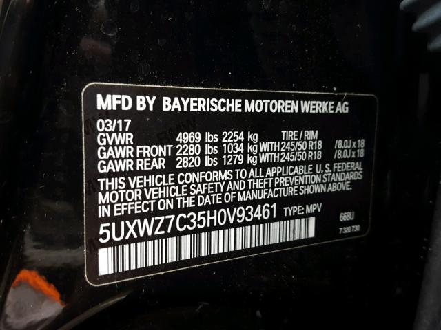 5UXWZ7C35H0V93461 - 2017 BMW X3 SDRIVE2 BLACK photo 10
