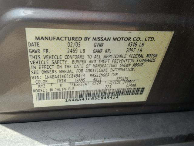 1N4BA41E65C849424 - 2005 NISSAN MAXIMA SE GRAY photo 10