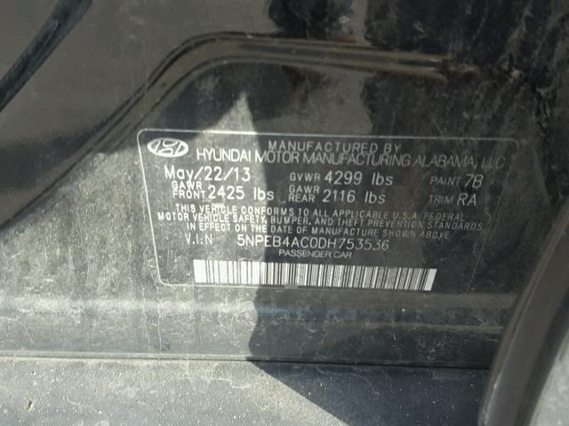 5NPEB4AC0DH753536 - 2013 HYUNDAI SONATA GLS BLACK photo 10