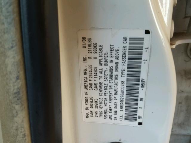 19UUA66278A030758 - 2008 ACURA TL WHITE photo 10