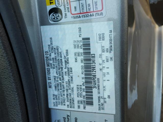 3FAHP08129R134183 - 2009 FORD FUSION SEL GRAY photo 10