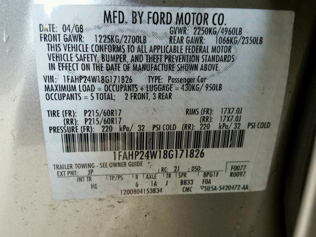 1FAHP24W18G171826 - 2008 FORD TAURUS SEL SILVER photo 10