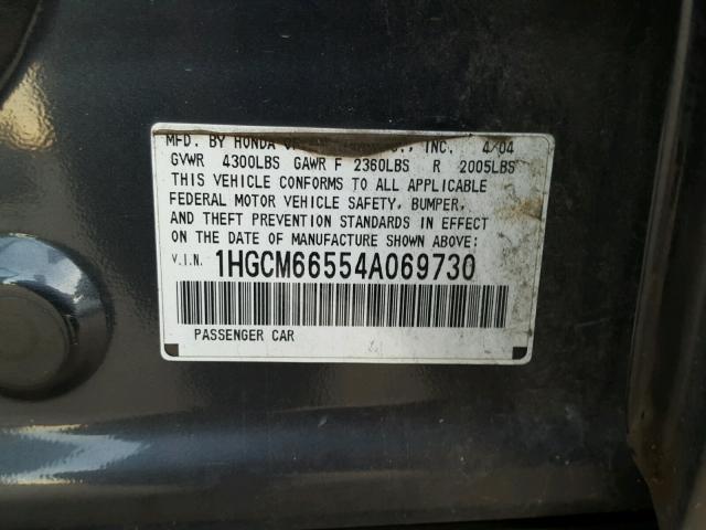 1HGCM66554A069730 - 2004 HONDA ACCORD EX BLACK photo 10