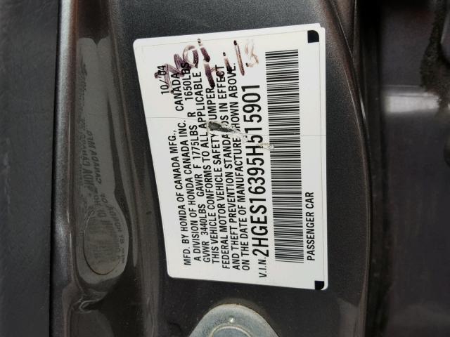 2HGES16395H515901 - 2005 HONDA CIVIC DX V GRAY photo 10