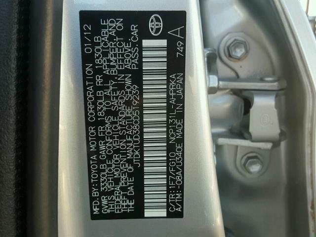 JTDKTUD38CD519239 - 2012 TOYOTA YARIS SILVER photo 10