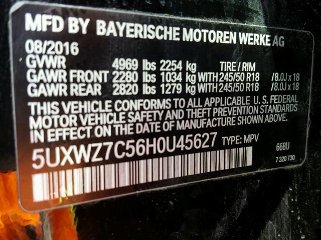 5UXWZ7C56H0U45627 - 2017 BMW X3 SDRIVE2 BLACK photo 10