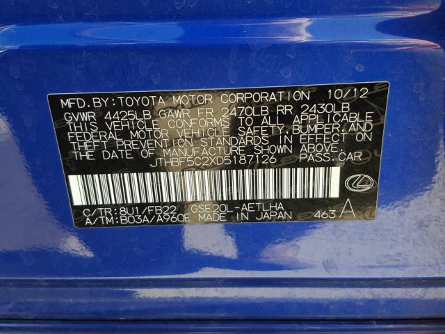 JTHBF5C2XD5187126 - 2013 LEXUS IS 250 BLUE photo 10