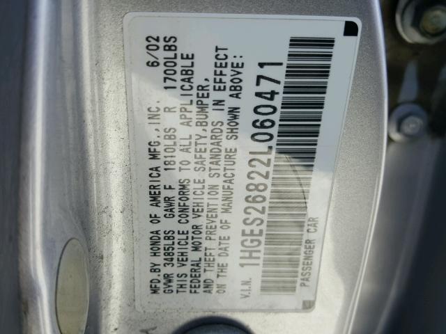 1HGES26822L060471 - 2002 HONDA CIVIC EX 银色 照片 10