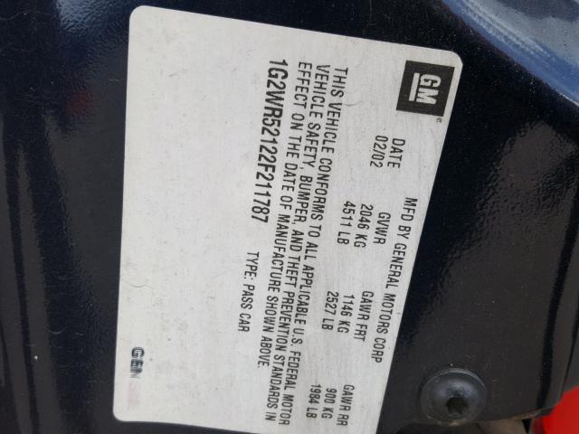 1G2WR52122F211787 - 2002 PONTIAC GRAND PRIX BLUE photo 10
