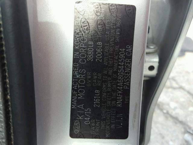 KNAFK4A68G5445904 - 2016 KIA FORTE LX SILVER photo 10