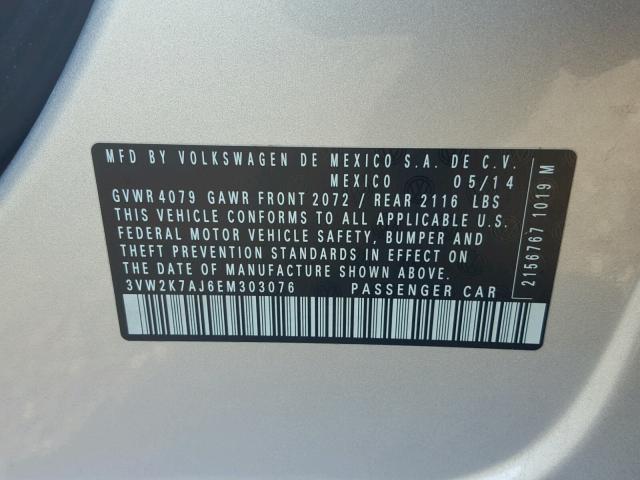 3VW2K7AJ6EM303076 - 2014 VOLKSWAGEN JETTA BASE SILVER photo 10