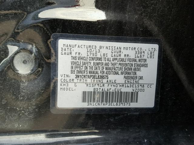 3N1CN7AP3EL839575 - 2014 NISSAN VERSA BLACK photo 10