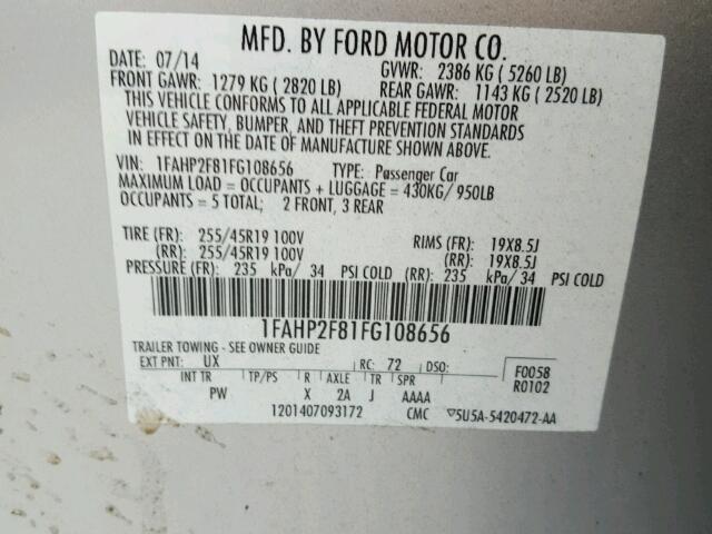 1FAHP2F81FG108656 - 2015 FORD TAURUS LIM SILVER photo 10