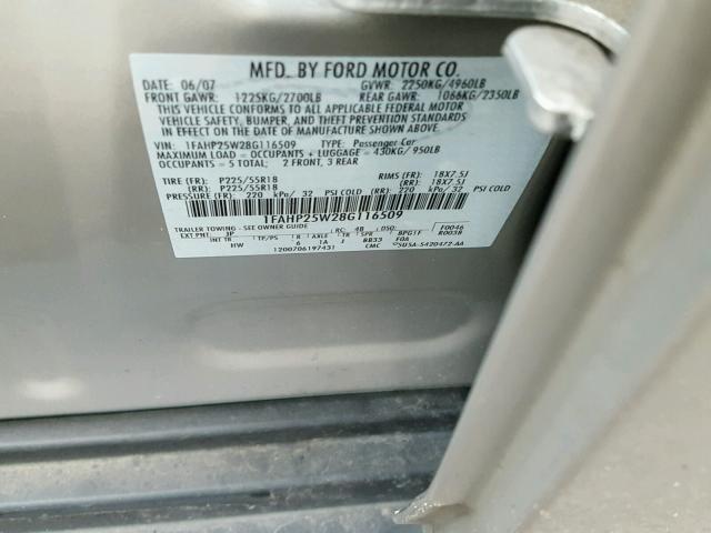 1FAHP25W28G116509 - 2008 FORD TAURUS LIM SILVER photo 10