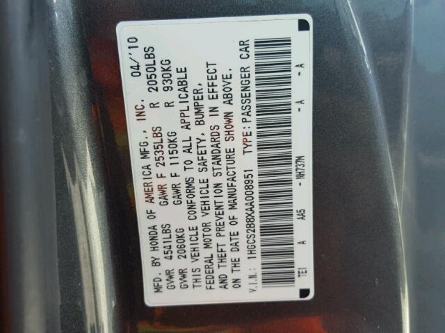 1HGCS2B8XAA008951 - 2010 HONDA ACCORD EXL CHARCOAL photo 10