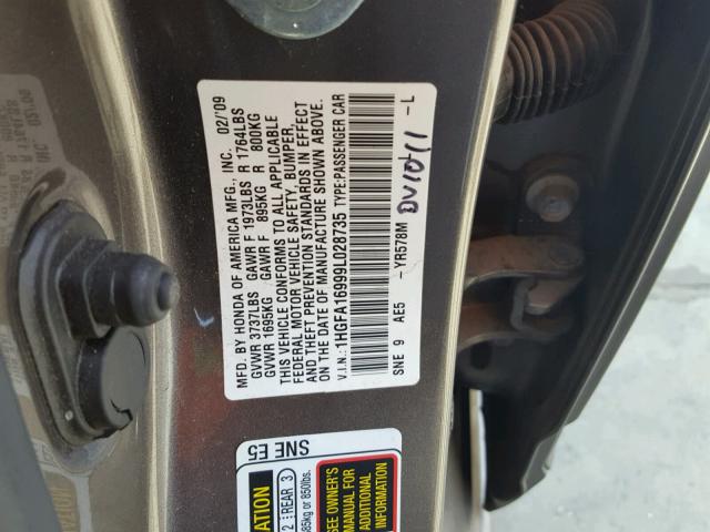 1HGFA16999L028735 - 2009 HONDA CIVIC EXL CHARCOAL photo 10