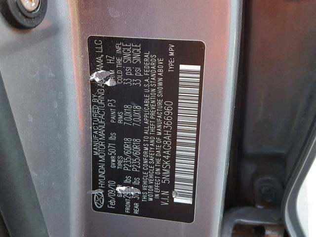 5NMSK4AG8AH366960 - 2010 HYUNDAI SANTA FE L GRAY photo 10