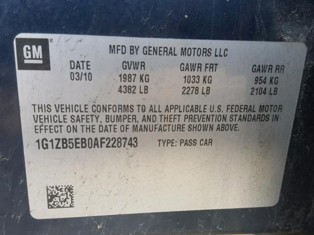 1G1ZB5EB0AF228743 - 2010 CHEVROLET MALIBU LS Mavi foto 10