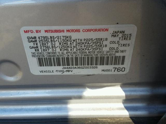 JA4AD3A36GZ003326 - 2016 MITSUBISHI OUTLANDER SILVER photo 10