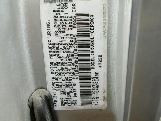 4T1BG22K21U017645 - 2001 TOYOTA CAMRY CE SILVER photo 10