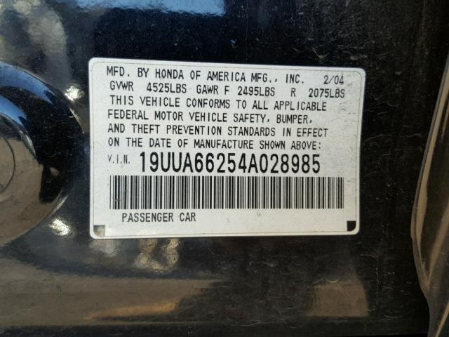 19UUA66254A028985 - 2004 ACURA TL BLACK photo 10