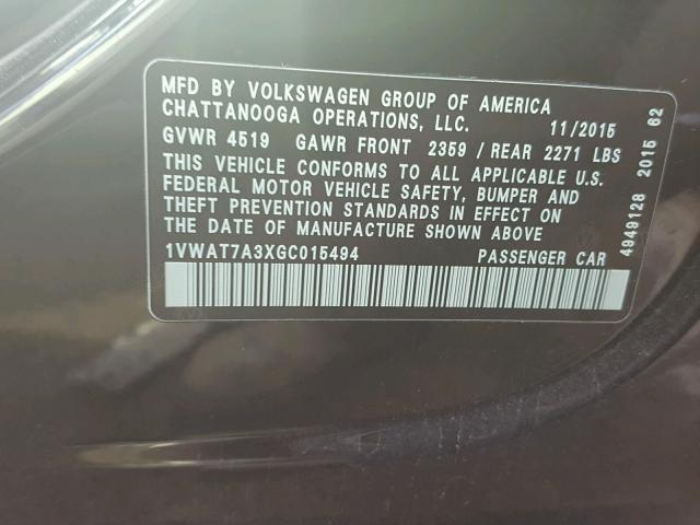 1VWAT7A3XGC015494 - 2016 VOLKSWAGEN PASSAT BLACK photo 10